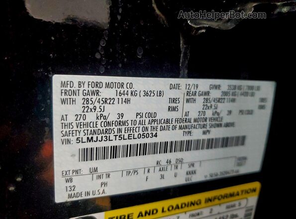 5LMJJ3LT5LEL05034 2020 LINCOLN NAVIGATOR Black Vista de la etiqueta del VIN