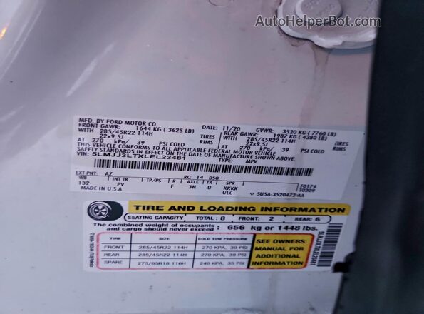 5LMJJ3LTXLEL23481 2020 LINCOLN NAVIGATOR White VIN sticker view