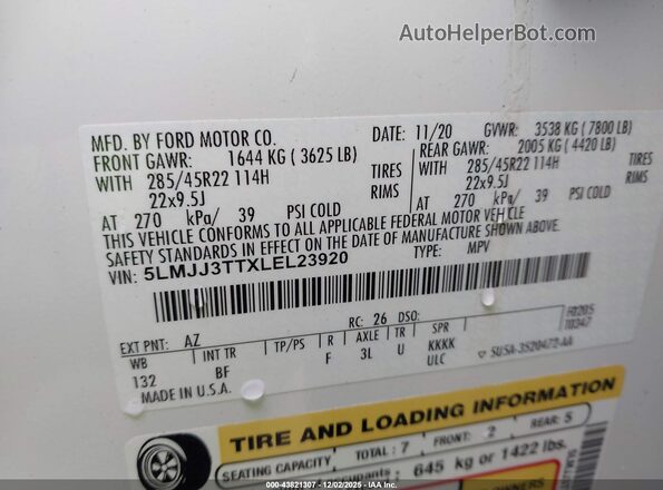 5LMJJ3TTXLEL23920 2020 LINCOLN NAVIGATOR White Widok komory silnika