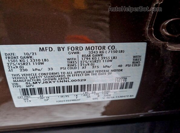 5LMYJ8XY1NNL00529 2022 LINCOLN AVIATOR Коричневый Вид наклейки с VIN-кодом