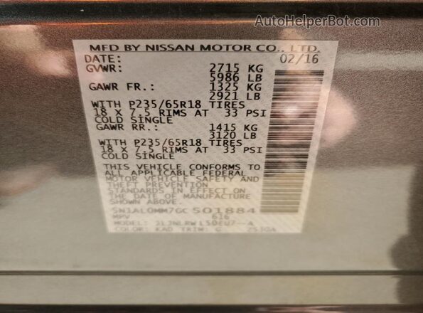 5N1AL0MM7GC501884 2016 INFINITI QX60 Gray Вид наклейки з VIN-кодом