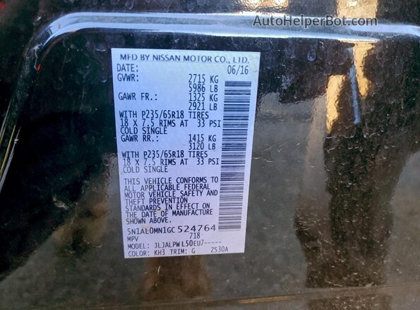 5N1AL0MN1GC524764 2016 INFINITI QX60 Black Vista de la etiqueta del VIN