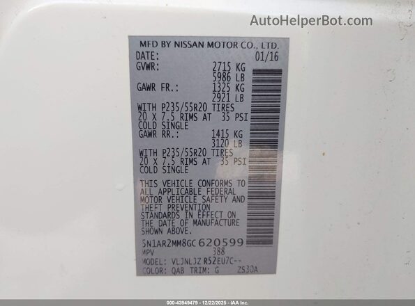 5N1AR2MM8GC620599 2016 NISSAN PATHFINDER White Շարժիչի բաժամունքի տեսք