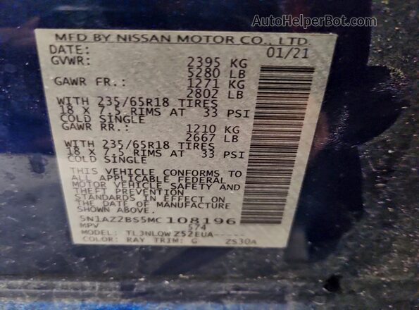 5N1AZ2BS5MC108196 2021 NISSAN MURANO Blue Engine compartment view