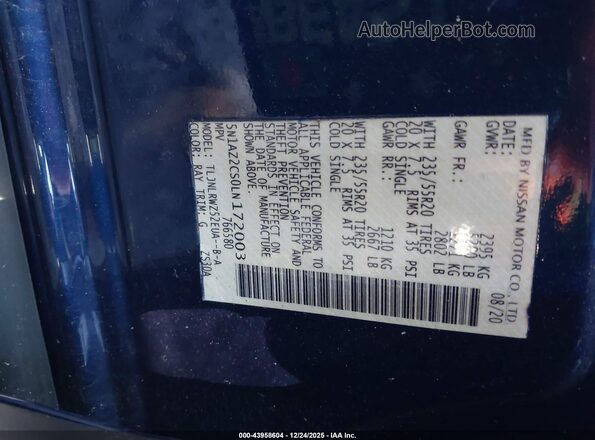 5N1AZ2CS0LN172003 2020 NISSAN MURANO Синий Вид подкапотного пространства