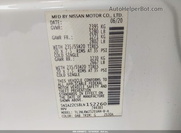 5N1AZ2CS8LN152260 2020 NISSAN MURANO White Vista del compartimento del motor