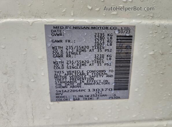 5N1AZ2DS4PC130370 2023 NISSAN MURANO White VIN sticker view