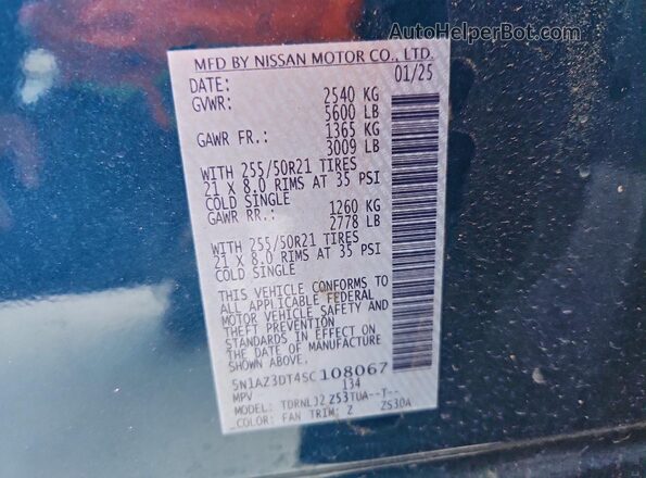 5N1AZ3DT4SC108067 2025 NISSAN MURANO Blue VIN კოდის სტიკერის ხედი