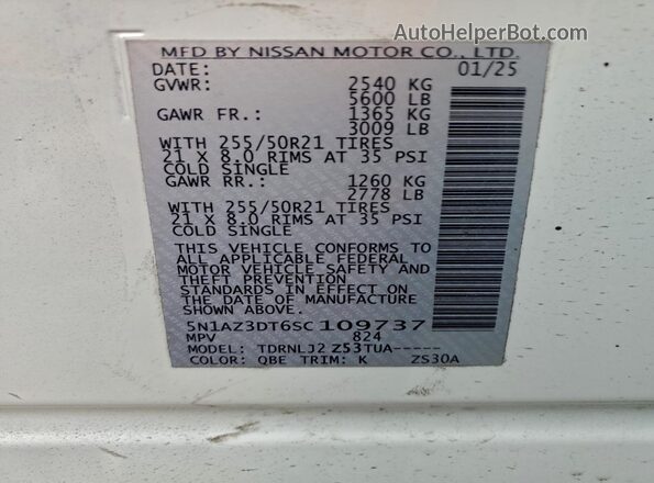 5N1AZ3DT6SC109737 2025 NISSAN MURANO White Vista interior de 360 grados