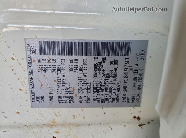 5N1BT3AB8PC869791 2023 NISSAN ROGUE Белый Вид наклейки с VIN-кодом