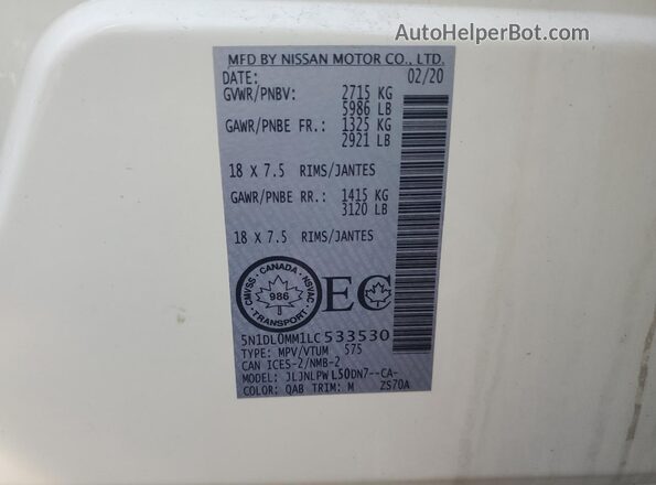 5N1DL0MM1LC533530 2020 INFINITI QX60 White Սալոնի 360 աստիճան տեսք