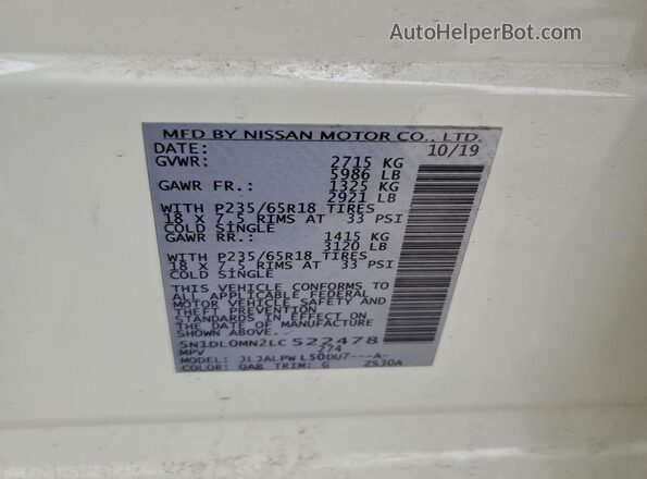 5N1DL0MN2LC522478 2020 INFINITI QX60 White VIN sticker view