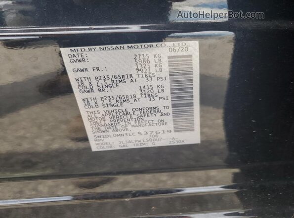 5N1DL0MN3LC537619 2020 INFINITI QX60 Black VIN sticker view