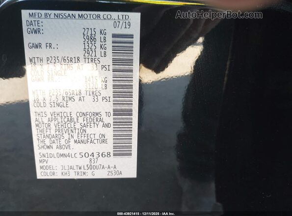 5N1DL0MN4LC504368 2020 INFINITI QX60 Black Widok komory silnika