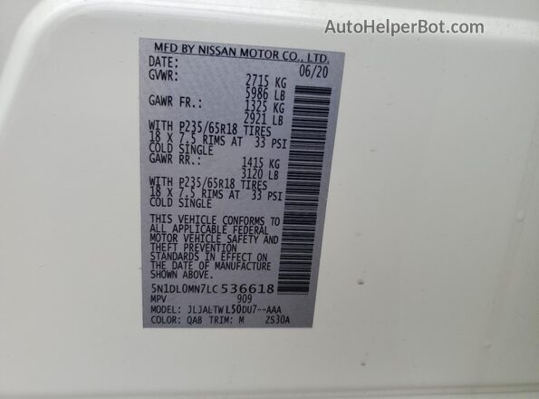 5N1DL0MN7LC536618 2020 INFINITI QX60 White Սալոնի 360 աստիճան տեսք