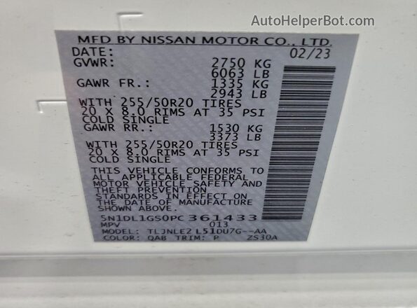 5N1DL1GS0PC361433 2023 INFINITI QX60 White Widok wnętrza 360 stopni
