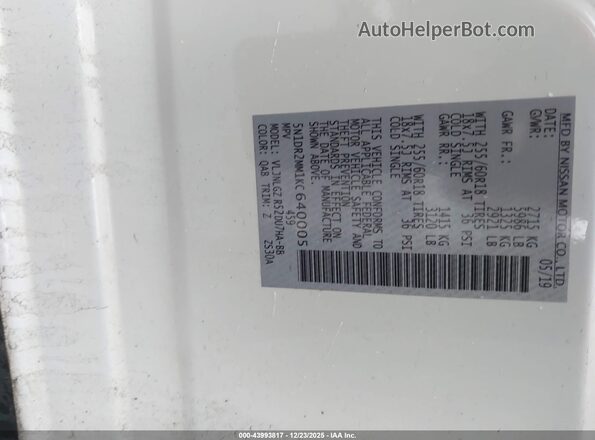 5N1DR2MM1KC640005 2019 NISSAN PATHFINDER White Вид підкапотного простору