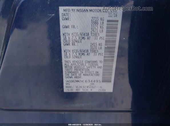 5N1DR2MM2HC634495 2017 NISSAN PATHFINDER Blue Engine compartment view