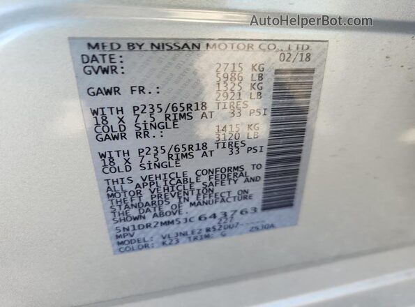 5N1DR2MM5JC643763 2018 NISSAN PATHFINDER Silver 