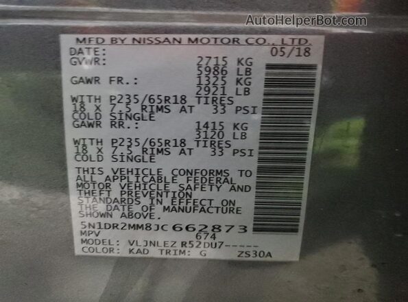 5N1DR2MM8JC662873 2018 NISSAN PATHFINDER Gray 