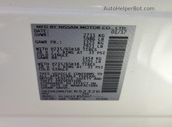 5N1DR2MN2HC652326 2017 NISSAN PATHFINDER White VIN კოდის სტიკერის ხედი