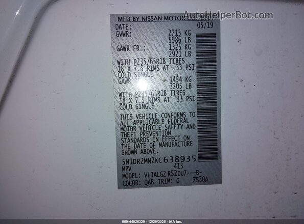 5N1DR2MN2KC638935 2019 NISSAN PATHFINDER White Vista del compartimento del motor