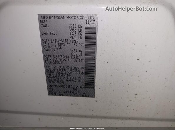 5N1DR2MN8JC622236 2018 NISSAN PATHFINDER White 