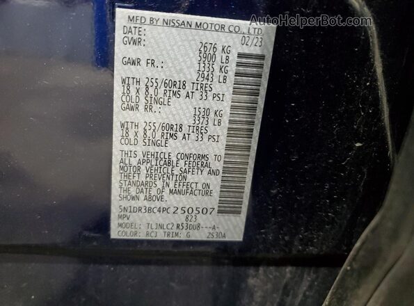 5N1DR3BC4PC250507 2023 NISSAN PATHFINDER Blue Vista de la etiqueta del VIN