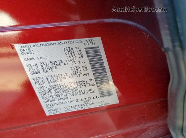 5N1DR3CA3PC211016 2023 NISSAN PATHFINDER Красный Панорамный вид салона 360°