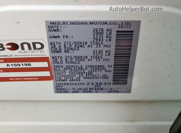 5N1DR3CA5PC213639 2023 NISSAN PATHFINDER White Vista de la etiqueta del VIN