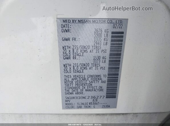 5N1DR3CD3NC236277 2022 NISSAN PATHFINDER White ძრავის განყოფილების ხედი
