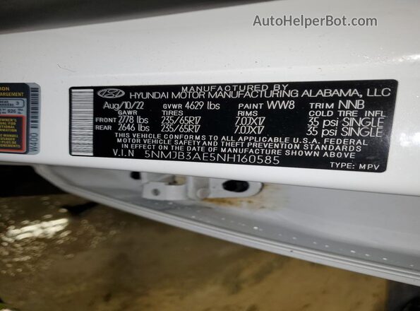 5NMJB3AE5NH160585 2022 HYUNDAI TUCSON White Vista interior de 360 grados