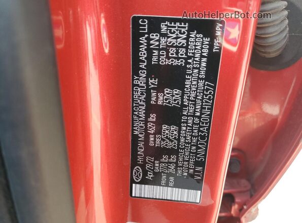 5NMJC3AE0NH125577 2022 HYUNDAI TUCSON Red VIN կոդի պիտակի տեսք