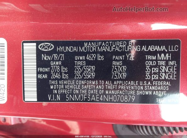 5NMJF3AE4NH070879 2022 HYUNDAI TUCSON Красный Вид подкапотного пространства