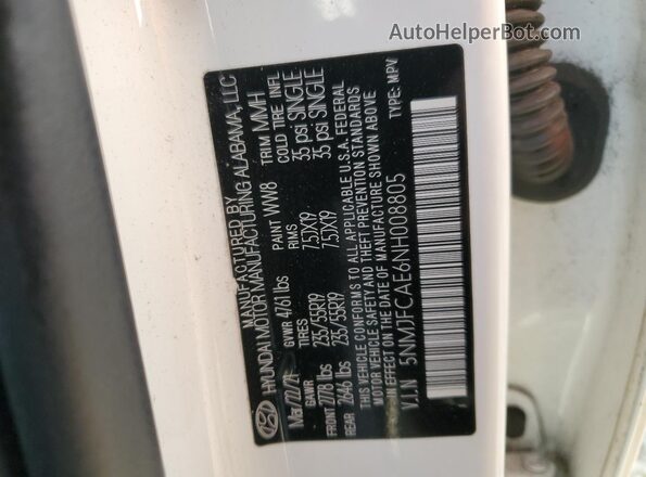 5NMJFCAE6NH008805 2022 HYUNDAI TUCSON White VIN sticker view