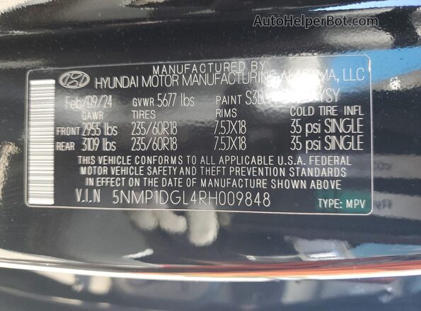 5NMP1DGL4RH009848 2024 HYUNDAI SANTA Black Widok naklejki z numerem VIN
