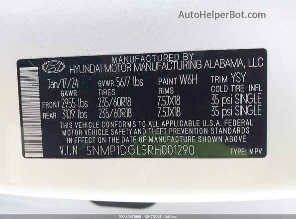 5NMP1DGL5RH001290 2024 HYUNDAI SANTA FE Белый 