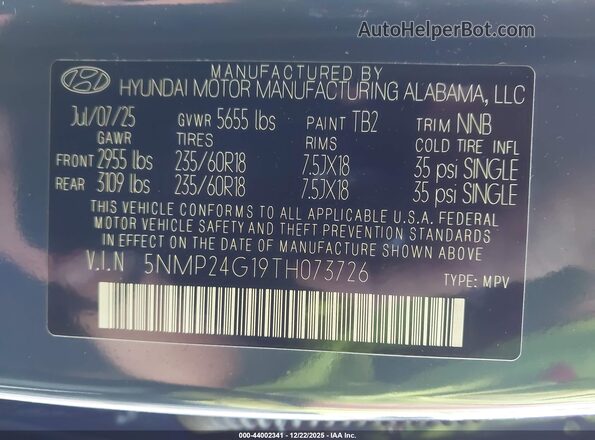 5NMP24G19TH073726 2026 HYUNDAI SANTA FE HYBRID Blue Vista del compartimento del motor