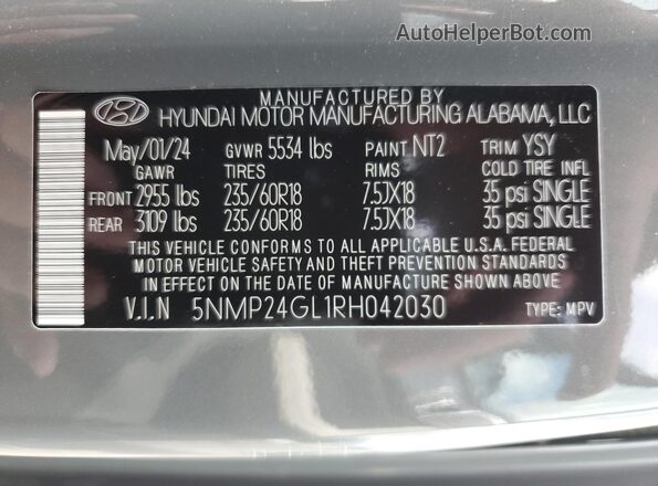 5NMP24GL1RH042030 2024 HYUNDAI SANTA Gray VIN sticker view