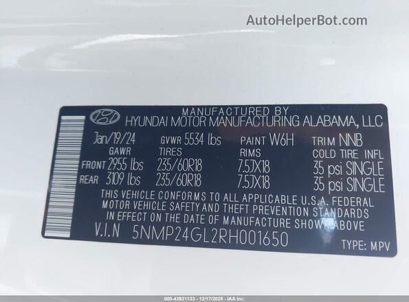 5NMP24GL2RH001650 2024 HYUNDAI SANTA FE White 