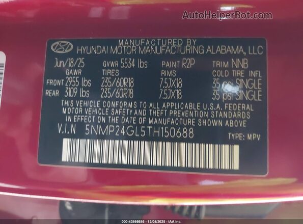 5NMP24GL5TH150688 2026 HYUNDAI SANTA FE Red Շարժիչի բաժամունքի տեսք