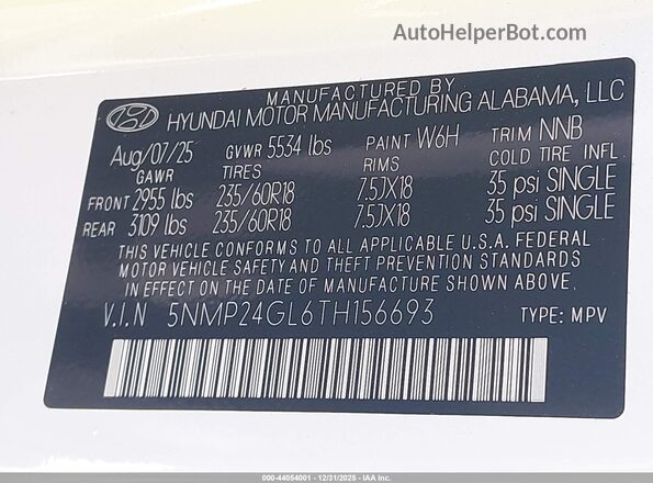 5NMP24GL6TH156693 2026 HYUNDAI SANTA FE White Շարժիչի բաժամունքի տեսք
