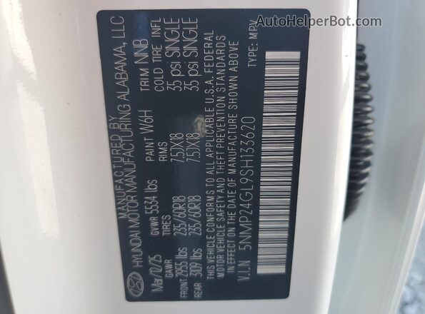 5NMP24GL9SH133620 2025 HYUNDAI SANTA White VIN კოდის სტიკერის ხედი