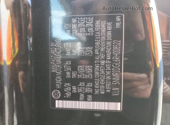 5NMP2DGL6RH008522 2024 HYUNDAI SANTA Black Вид наклейки з VIN-кодом