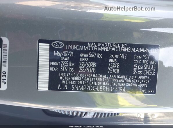 5NMP2DGL8RH044194 2024 HYUNDAI SANTA FE Gray 