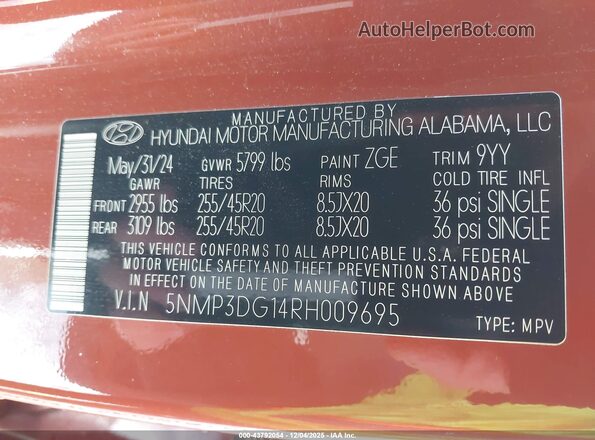 5NMP3DG14RH009695 2024 HYUNDAI SANTA FE HYBRID Оранжевый Вид подкапотного пространства