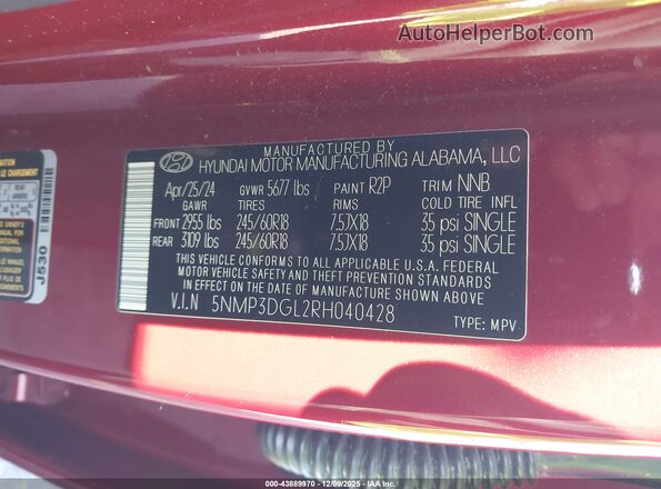 5NMP3DGL2RH040428 2024 HYUNDAI SANTA FE Red Widok komory silnika