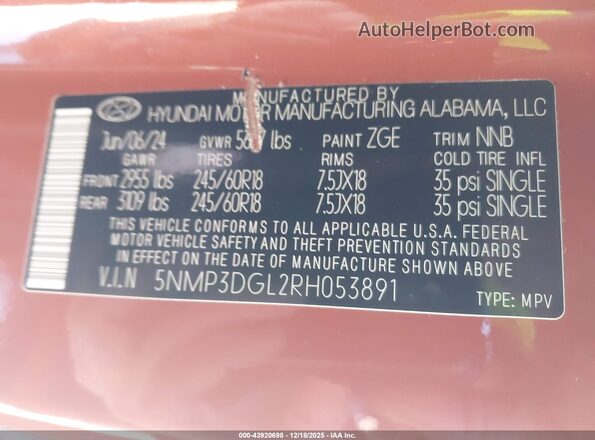 5NMP3DGL2RH053891 2024 HYUNDAI SANTA FE Orange Вид підкапотного простору