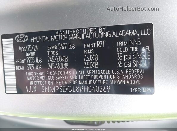 5NMP3DGL8RH040269 2024 HYUNDAI SANTA FE Silver ძრავის განყოფილების ხედი