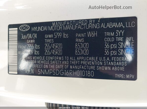 5NMP5DG16RH010180 2024 HYUNDAI SANTA FE HYBRID Белый Вид подкапотного пространства